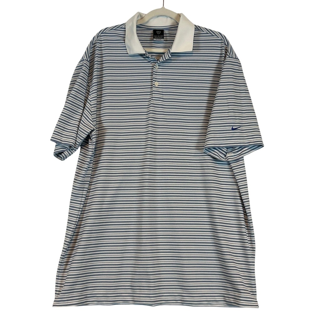 Nike Golf Polo Shirt‎ Men's XXL Blue White Stripe Dri-Fit UV Short Sleeve